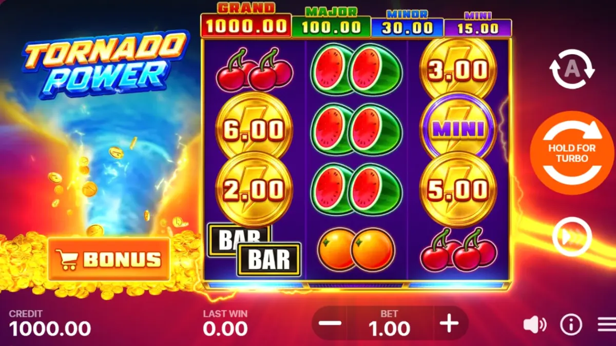 Tornado Power: Hold and Win slot machine interface with fruit symbols and lightning effects