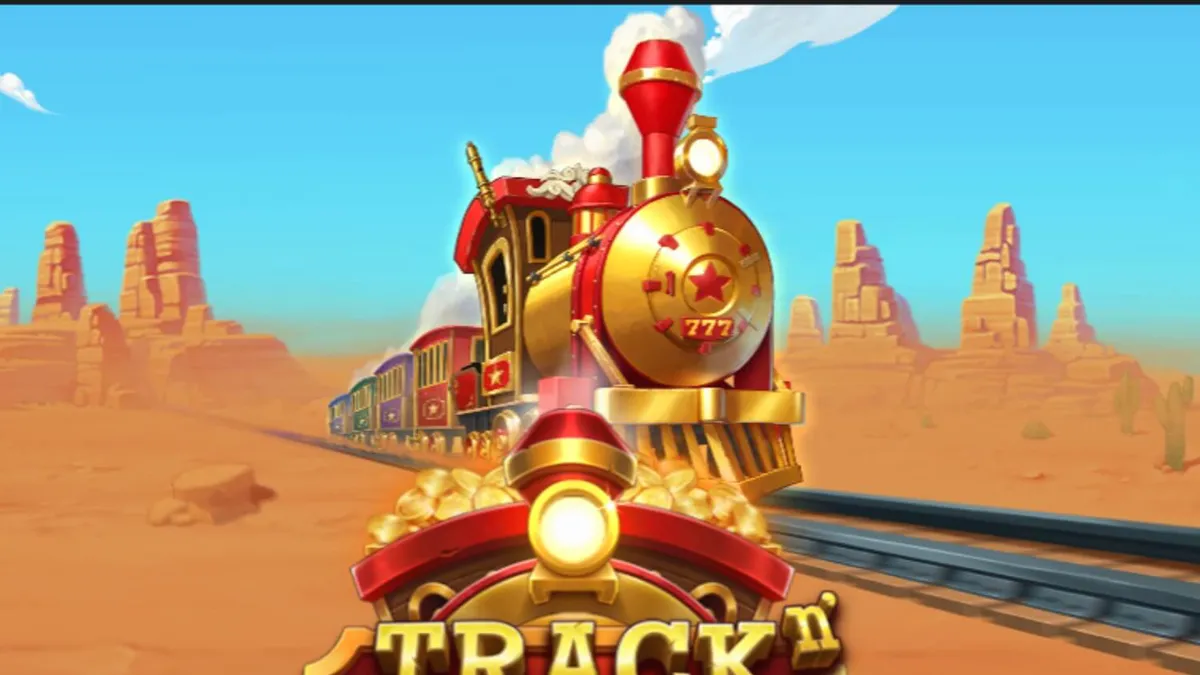 Tampilan visual slot Track’n Gold dengan latar belakang kereta uap di gurun